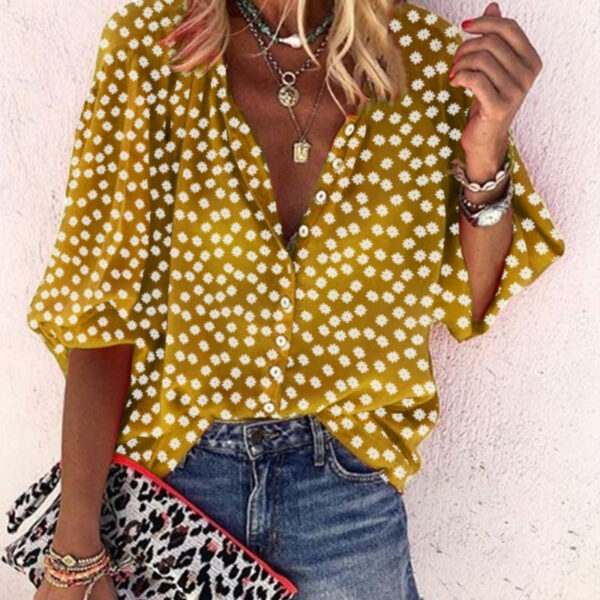 Floral Pattern V-Neck Long Sleeve Women's Shirt with Print Design - Image 5