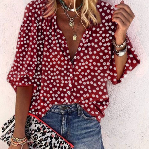 Floral Pattern V-Neck Long Sleeve Women's Shirt with Print Design - Image 4