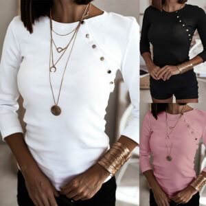 Solid Color All-Match Top for Women with Bevel Button and Round Neckline