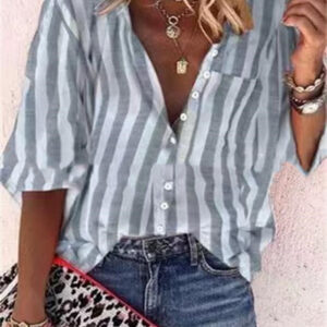 Casual Striped Shirt for Women in Cotton and Linen, with Single-Breasted Design