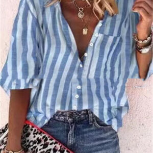 Casual Striped Shirt for Women in Cotton and Linen, with Single-Breasted Design