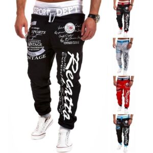 Fashionable Men’s Skinny Harem Pants with Bold Letter Print for Sports
