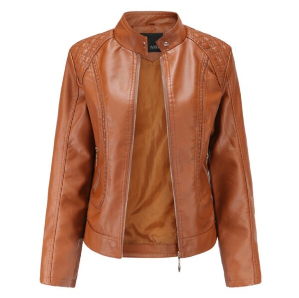Faux Leather Jacket with Stand-Up Collar for Women - Image 5