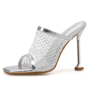 Sparkling Rhinestone Semi Stiletto Sandals for Women in PU Leather