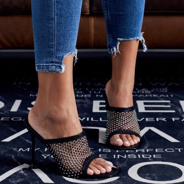 Sparkling Rhinestone Semi Stiletto Sandals for Women in PU Leather - Image 5