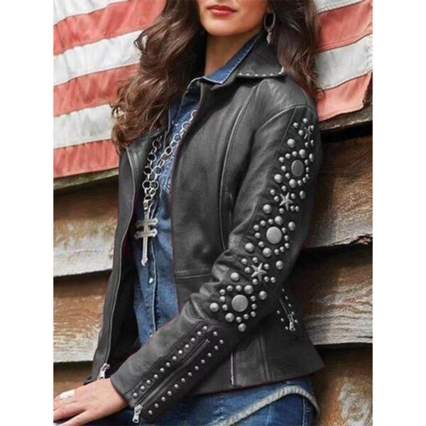 Sleek and Shiny Women's Short Leather Jacket with Rhinestones - Image 2