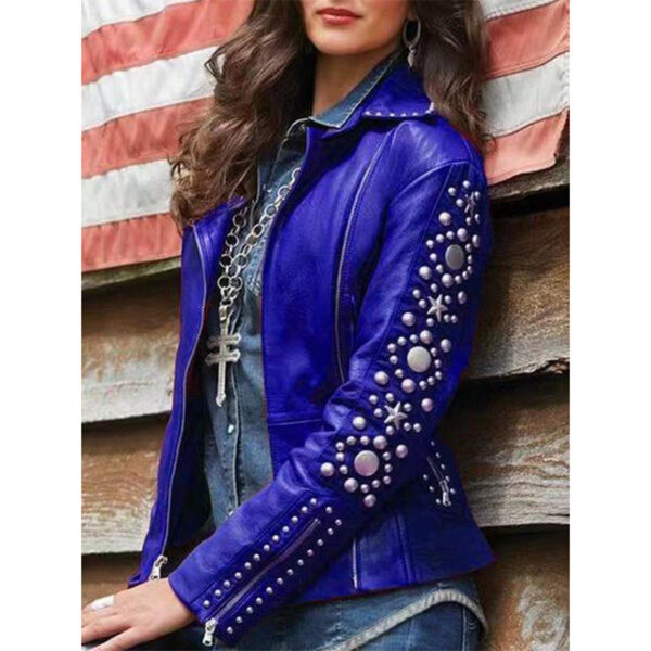 Sleek and Shiny Women's Short Leather Jacket with Rhinestones - Image 3
