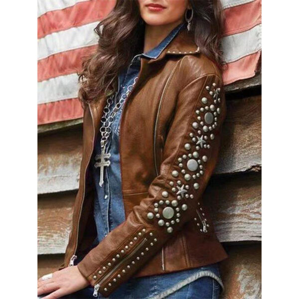 Sleek and Shiny Women's Short Leather Jacket with Rhinestones - Image 4