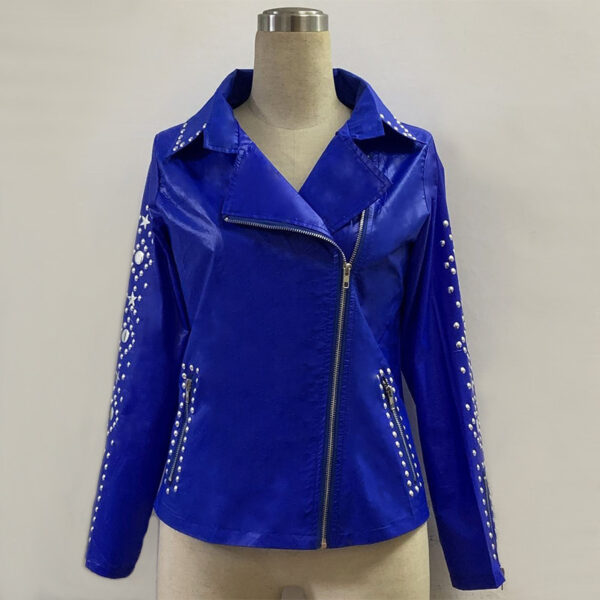 Sleek and Shiny Women's Short Leather Jacket with Rhinestones - Image 6