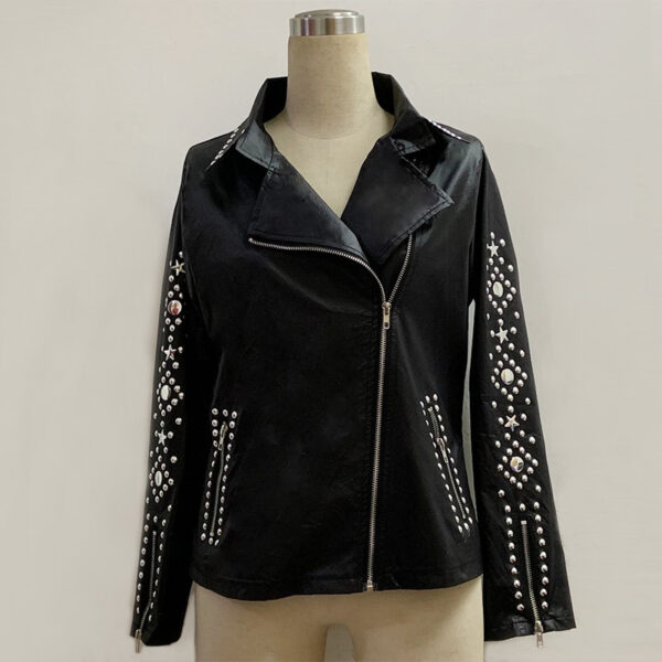 Sleek and Shiny Women's Short Leather Jacket with Rhinestones - Image 5