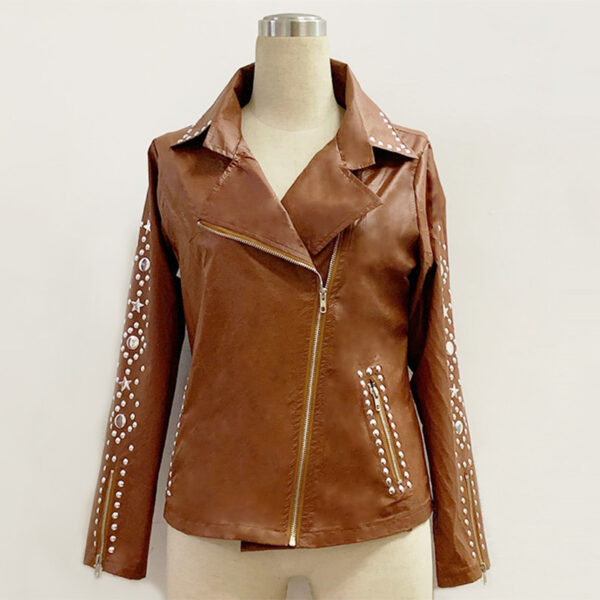 Sleek and Shiny Women's Short Leather Jacket with Rhinestones - Image 8