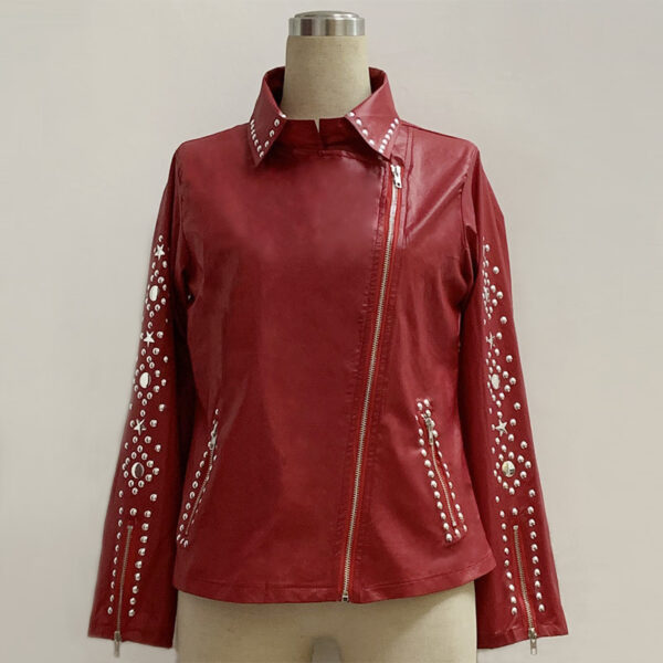 Sleek and Shiny Women's Short Leather Jacket with Rhinestones - Image 7