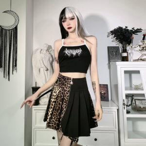 High-Waisted Pleated Leopard Mini Skirt for Gothic Women