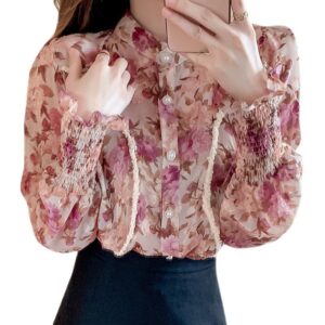 French-inspired Floral Chiffon Bubble Blouse for Women with Long Sleeves