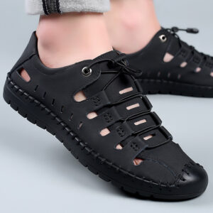 Men’s Leather Cowhide Sandals with Hollow Out Cut-Outs for Airflow