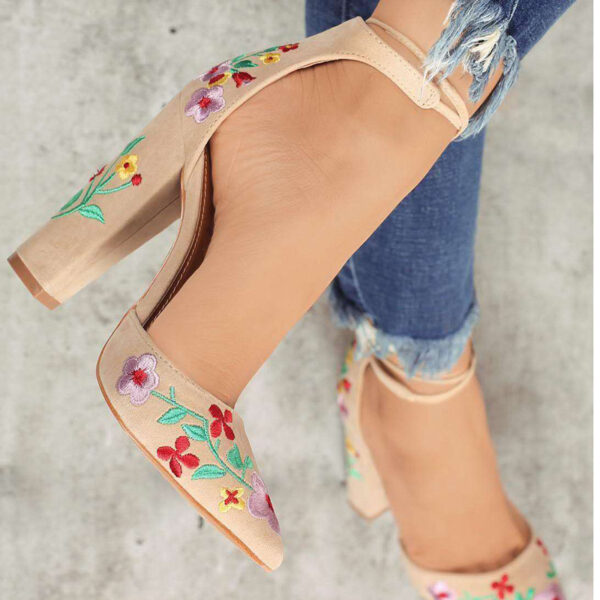 Women's High Heel Embroidered Sandals with Flowers - Image 4