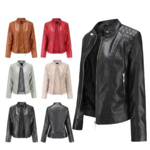 Faux Leather Jacket with Stand-Up Collar for Women