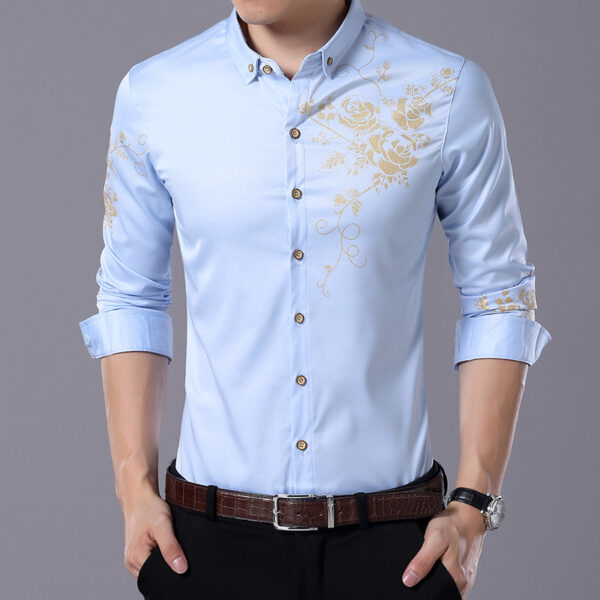 Rose Blossom Patterned Slim Fit Cotton Shirt for Men - Image 7
