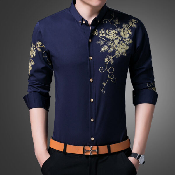 Rose Blossom Patterned Slim Fit Cotton Shirt for Men - Image 3