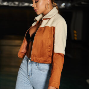 Women’s Short Suede Jacket with Lapel and Long Sleeves