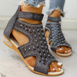 Women’s Hollow Out Sandals with Rhinestones and Back Zipper
