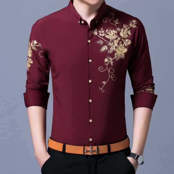 Rose Blossom Patterned Slim Fit Cotton Shirt for Men - Image 5