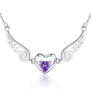 Pure Silver 925 Angel Wings Necklace with a Romantic Purple Crystal Heart