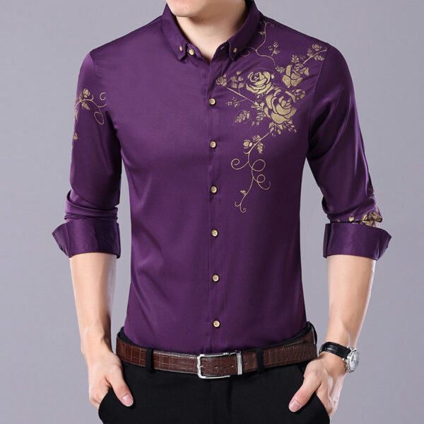 Rose Blossom Patterned Slim Fit Cotton Shirt for Men - Image 4