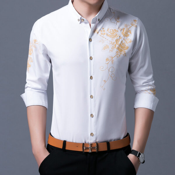 Rose Blossom Patterned Slim Fit Cotton Shirt for Men - Image 6