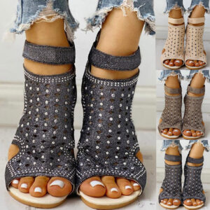 Women’s Hollow Out Sandals with Rhinestones and Back Zipper