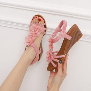 Stylish Bohemian Wedges with Woven Ankle Straps and Floral Design Sandals