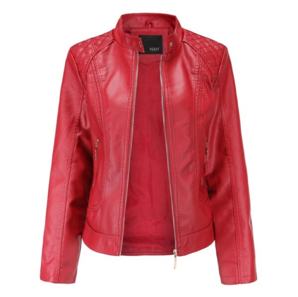 Faux Leather Jacket with Stand-Up Collar for Women - Image 8