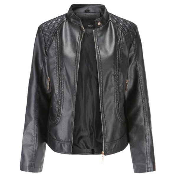 Faux Leather Jacket with Stand-Up Collar for Women - Image 4