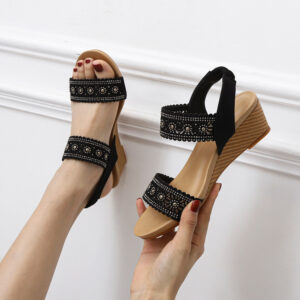 Women’s Rhinestone Wedge Sandals with Flower Cutouts