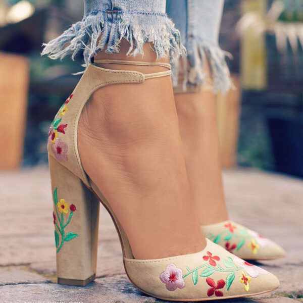 Women's High Heel Embroidered Sandals with Flowers - Image 2