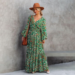 Long-Sleeved V-Neck Halter Stitched Dress with Fashionable Print for Women
