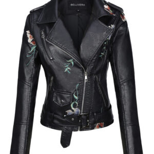 Floral Embroidered Faux Leather Jacket for Women
