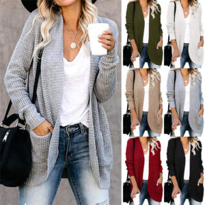 Curved Placket Sweater Cardigan for Women with Large Pockets