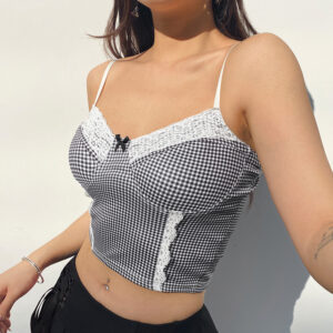 Women’s Plaid Cami Enhanced with Lace Trim and Bow Accent