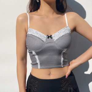 Women’s Plaid Cami Enhanced with Lace Trim and Bow Accent