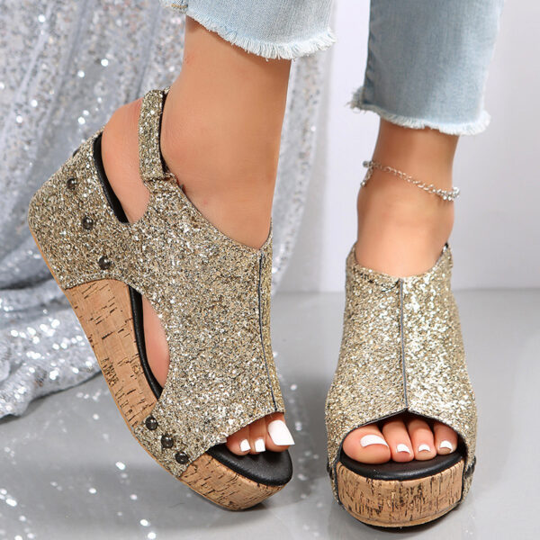 Glitzy Velcro Chunky Wedge Sandals for Women with Sequins - Image 4