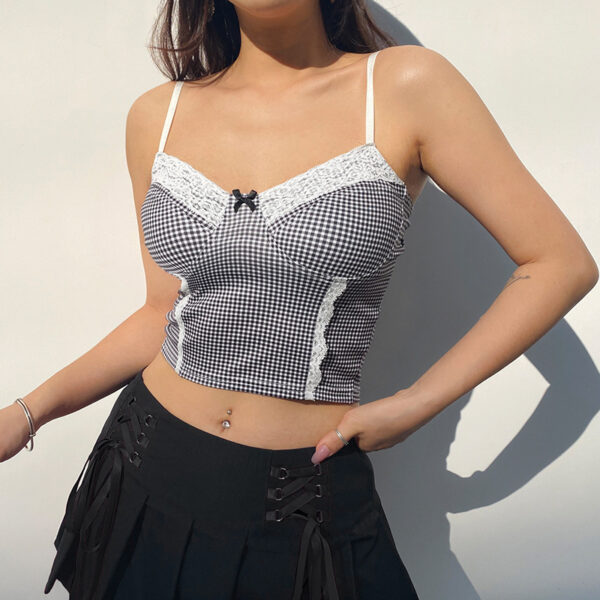Women's Plaid Cami Enhanced with Lace Trim and Bow Accent - Image 5