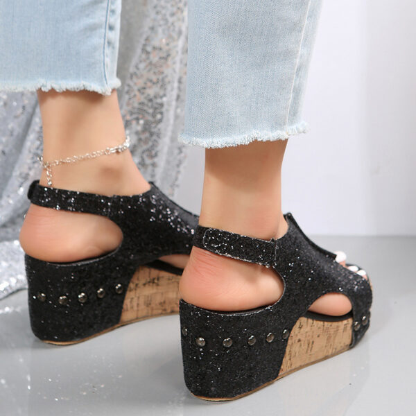 Glitzy Velcro Chunky Wedge Sandals for Women with Sequins - Image 3