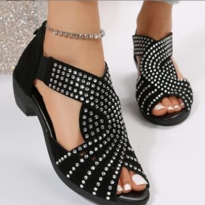 Women’s Rhinestone-Embellished PU Leather Flat Sandals