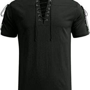 Trendy Short Sleeve Tie V Neck Linen Shirt for Men