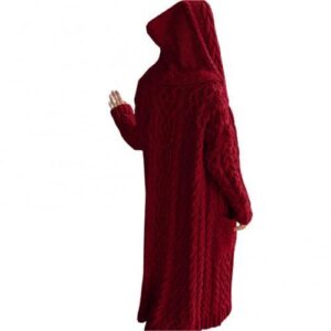 Women’s Hooded Long Cardigan Sweater with Twisted Braids and a Loose Fit
