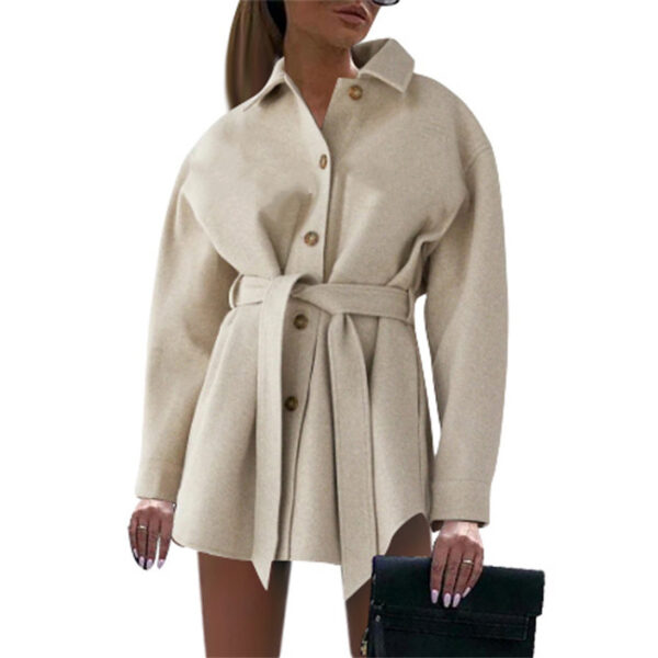 Women's Buttoned V-neck Lace Woolen Coat - Image 4