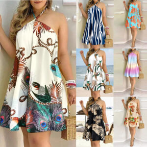Women’s Sleeveless Dress with Off Shoulder Hanging Neck and Stunning Print