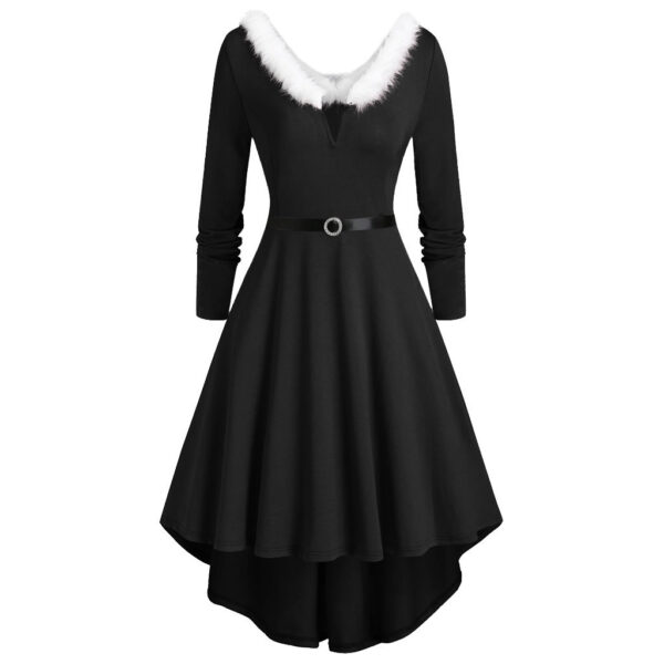 Women's Long Sleeve V-Neck Christmas Dress with Furry Accents - Image 5