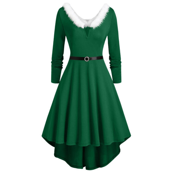 Women's Long Sleeve V-Neck Christmas Dress with Furry Accents - Image 3